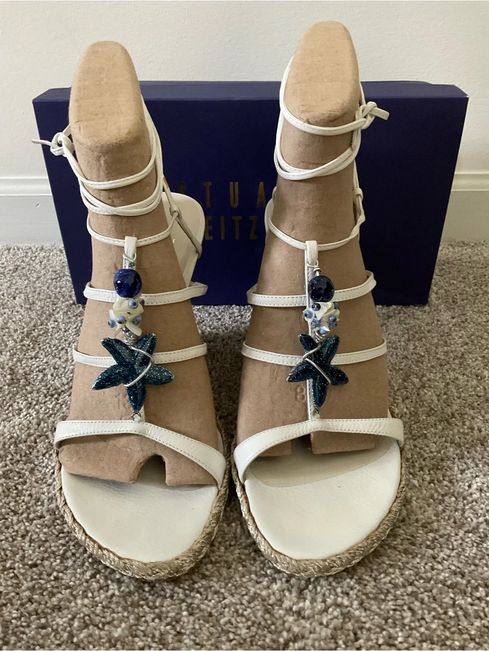 Stuart Weitzman White Strappy Espadrille Wedges with Blue Bead Accents - Picture 2 of 10